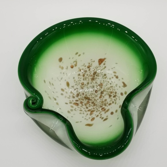 Art Glass Ash Tray Green White Gold Flecks - Picture 9 of 13